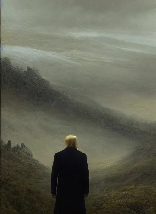 Image similar to portrait of donald trump in anguish a desolate misty landscape, closeup, painted by caspar david friedrich and greg rutkowski