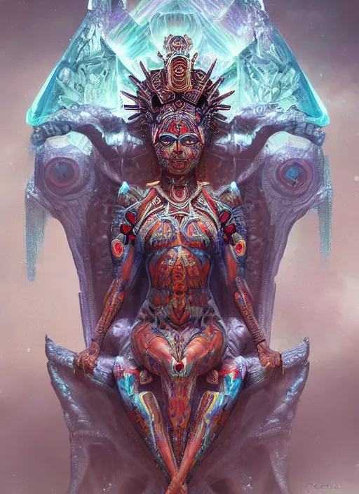 Prompt: hyper realistic photography of intricate symmetric strange aztec alien goddess sitting on opal throne in a crystal cave detailed, greg rutkowski, artstation, cgsociety