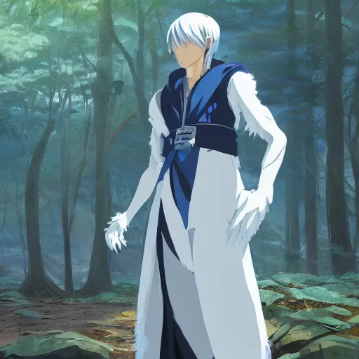 Image similar to concept art painting of an anthropomorphic anime style humanoid white raven wearing dark blue robes, in the deep forest, realistic, detailed, cel shaded, in the style of makoto shinkai and greg rutkowski and james gurney