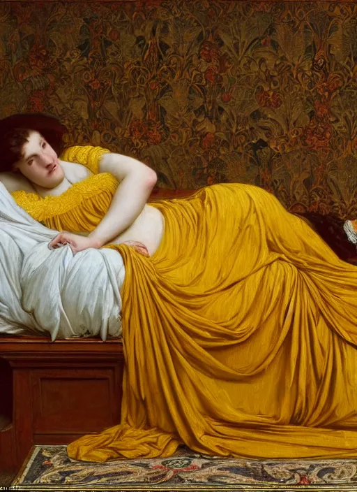 Image similar to masterpiece portrait of lady reclining on bed wearing yellow ochre ornate medieval dress, vertical, foreshortening, colour photography by frederic leighton, william morris, 8 k