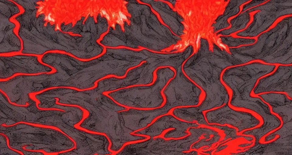 Image similar to a volcano made of ivory vines and crimson rocks enters in eruption, it spits a smoke in the shape of demonic eye, by Jhonen Vasquez