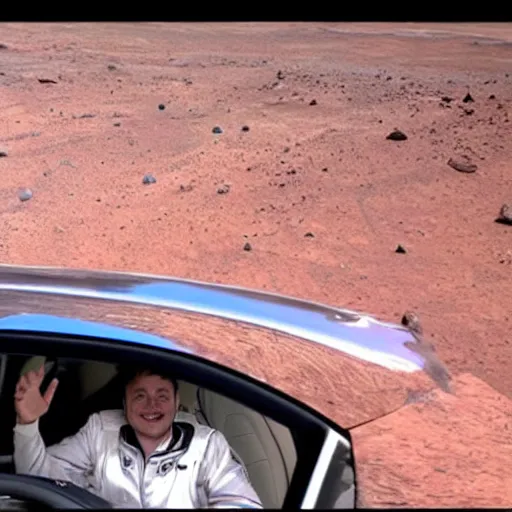 Image similar to highly realistic photo of elon musk smiling while driving his tesla car on mars