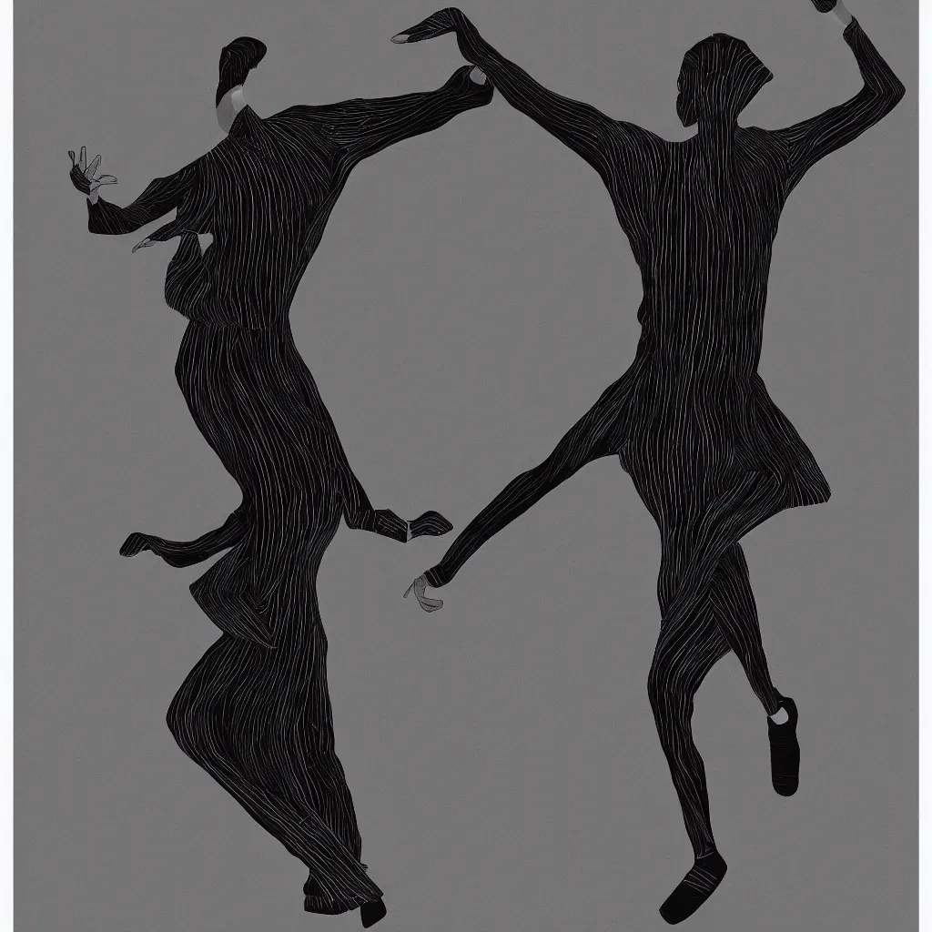 Image similar to a photorealistic illustration of a man dancing in a black Issey Miyake dress