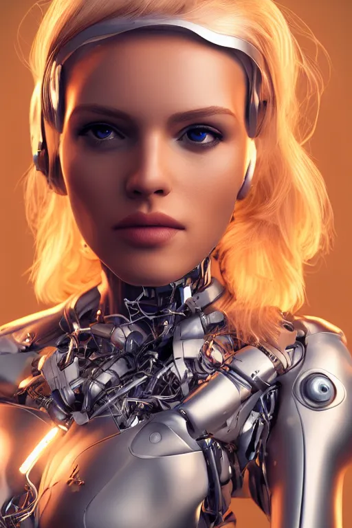 Image similar to a beautiful woman with blonde hair wearing robot suit with wires and light, highly detailed, photorealistic, artstation, smooth