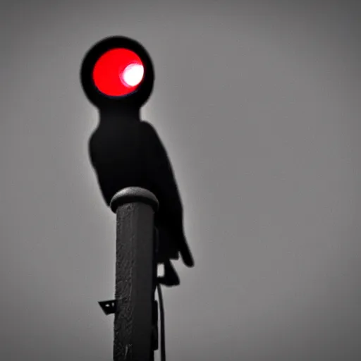 Image similar to ominous dark perched crow with glowing red surveillance camera lens for an eye (detailed realistic photograph) (gritty atmosphere)