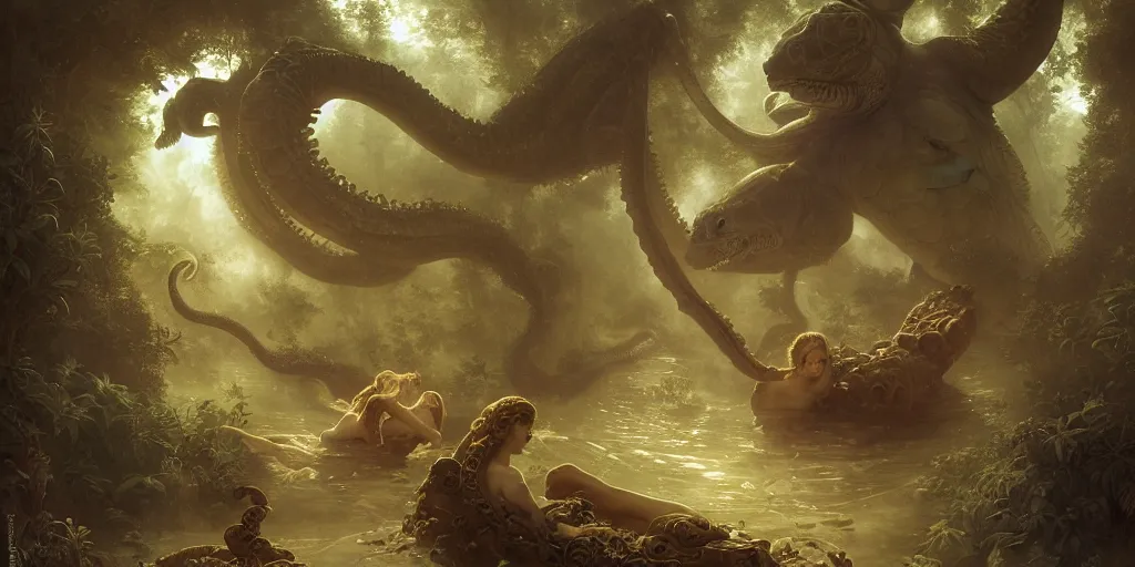 Image similar to Fantasy fairytale story, Great Leviathan Turtle, cephalopod, Cthulhu Squid Terrapin, Mysterious Island, center Universe, hybrid, Reptilian Cyborg, intense celestial fantasy atmospheric lighting, hyper realistic, William-Adolphe Bouguereau, François Boucher, Jessica Rossier, Michael Cheval, michael whelan, Cozy, hot springs hidden Cave, Forest, candlelight, natural light, lush plants and flowers, Spectacular Mountains, bright clouds, luminous stellar sky, outer worlds, Golden dapple lighting, Solar Flare Unreal Engine, HD,