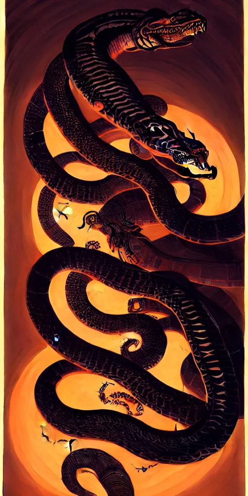 Prompt: the great cyborg serpent leviathan hyperrrealistic curling around the planet syd mead caravaggio dramatic lighting