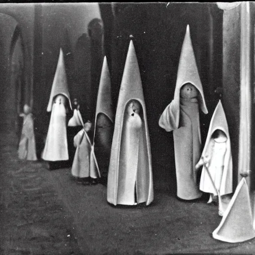 Prompt: - Early black and white photograph of robed figures with tall pointed hats inside a castle, creepy, 8mm