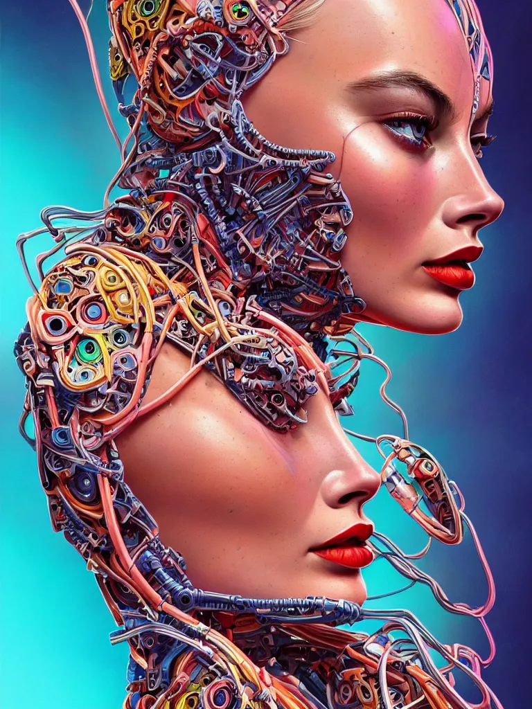 Prompt: Portrait of Margot Robbie wearing epic bionic cyborg implants of different vibrant colors, detailed intricate ornate cables connected to head, portrait front face reference, by Dan Mumford and Naoto Hattori, extremely beautiful and proportionate, masterpiece, intricate, highly detailed, digital painting, Matrix Theme, artstation, concept art, crepuscular rays, smooth, sharp focus, illustration, background made from fractals of vibrant universe stars, cyberpunk colors, volumetric lighting, art by artgerm and james jean and Nick Sullo