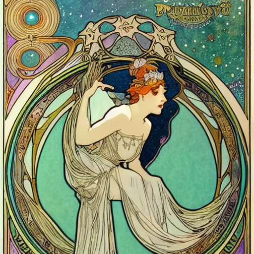 Image similar to princess fairy creating galaxies, art nouveau by Mucha, beautiful detailed illustration