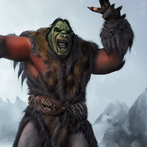 Image similar to A full body shot of a handsome orc looking into the camera wearing a fur jacket and boots, full body shot, artstation, realistic, highly detailed, symmetrical, hyper realism, high detail, octane render, unreal engine, 8k, fantasy art, intricate, highly detailed, concept art