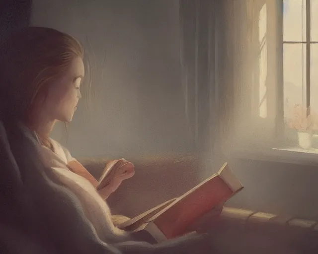 Image similar to a beautiful warm fuzzy painting of a woman curled up with a blanket reading a good book next to her friendly cat who is purring with eyes closed. they are both sitting next to a window as the sun sets in winter, by greg rutkowski, trending on artstation, concept art, lofi, digital illustration