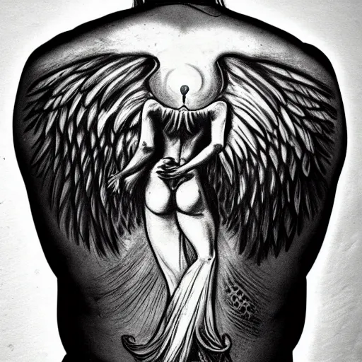 Image similar to realism!!!! Back tattoo!! design sketch of a Magestic Angel, in the style of Da Ink