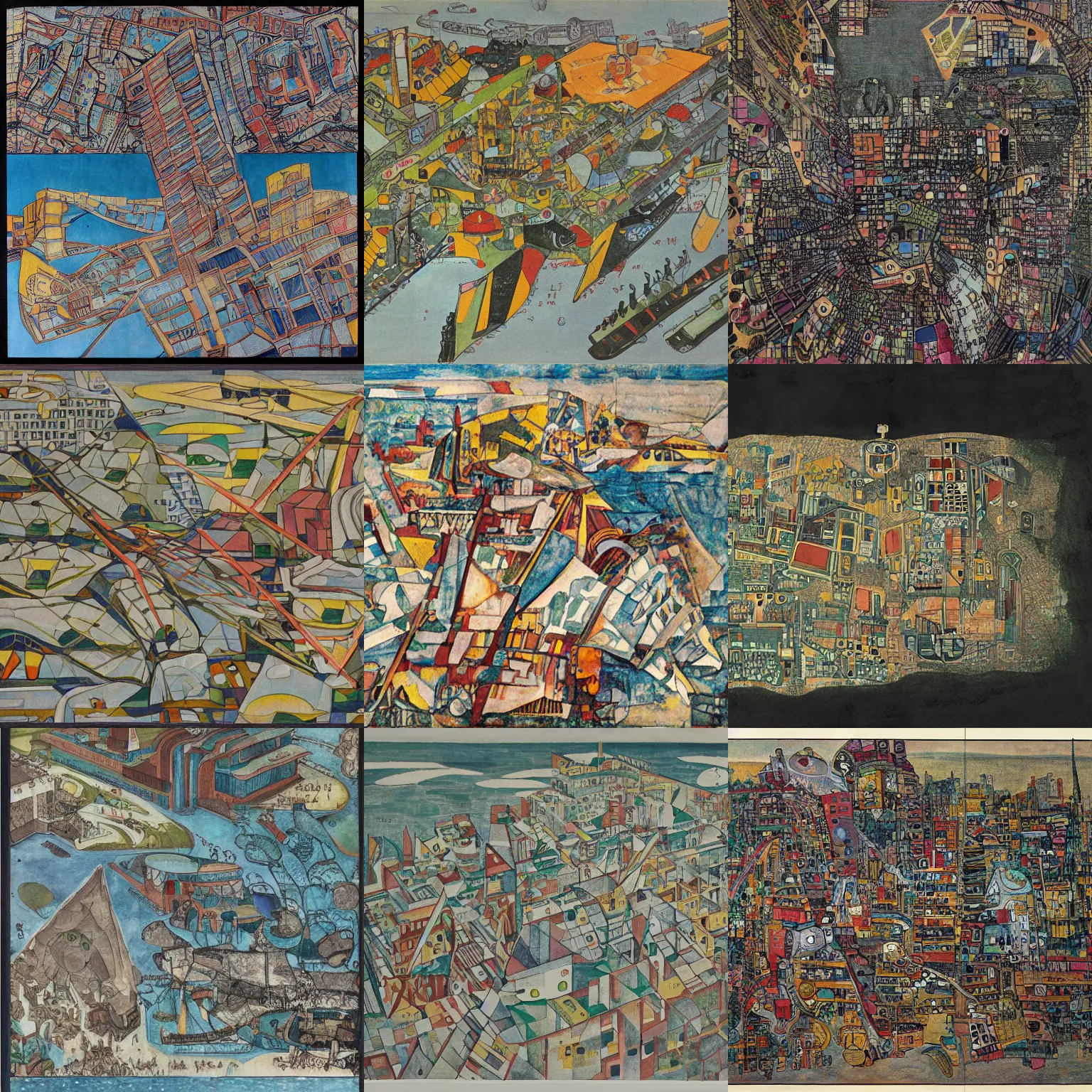 Prompt: a map of a futuristic city located in an island surrounded by water with a few flying ships stationed around it, in the style of diego rivera schiele, full color, exploded view