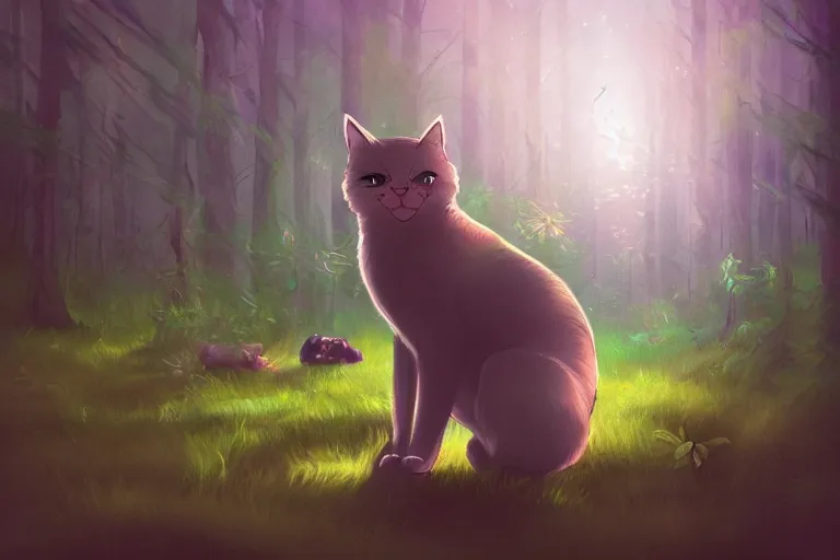 Image similar to cat in the forest, backlighting, digital art, trending on artstation, fanart, by kawacy