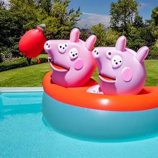 Image similar to a large inflatable float of Peppa Pig in a luxury hotel swimming pool