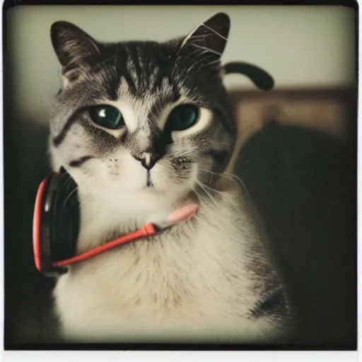 Image similar to a polaroid photo of a cat wearing headphones