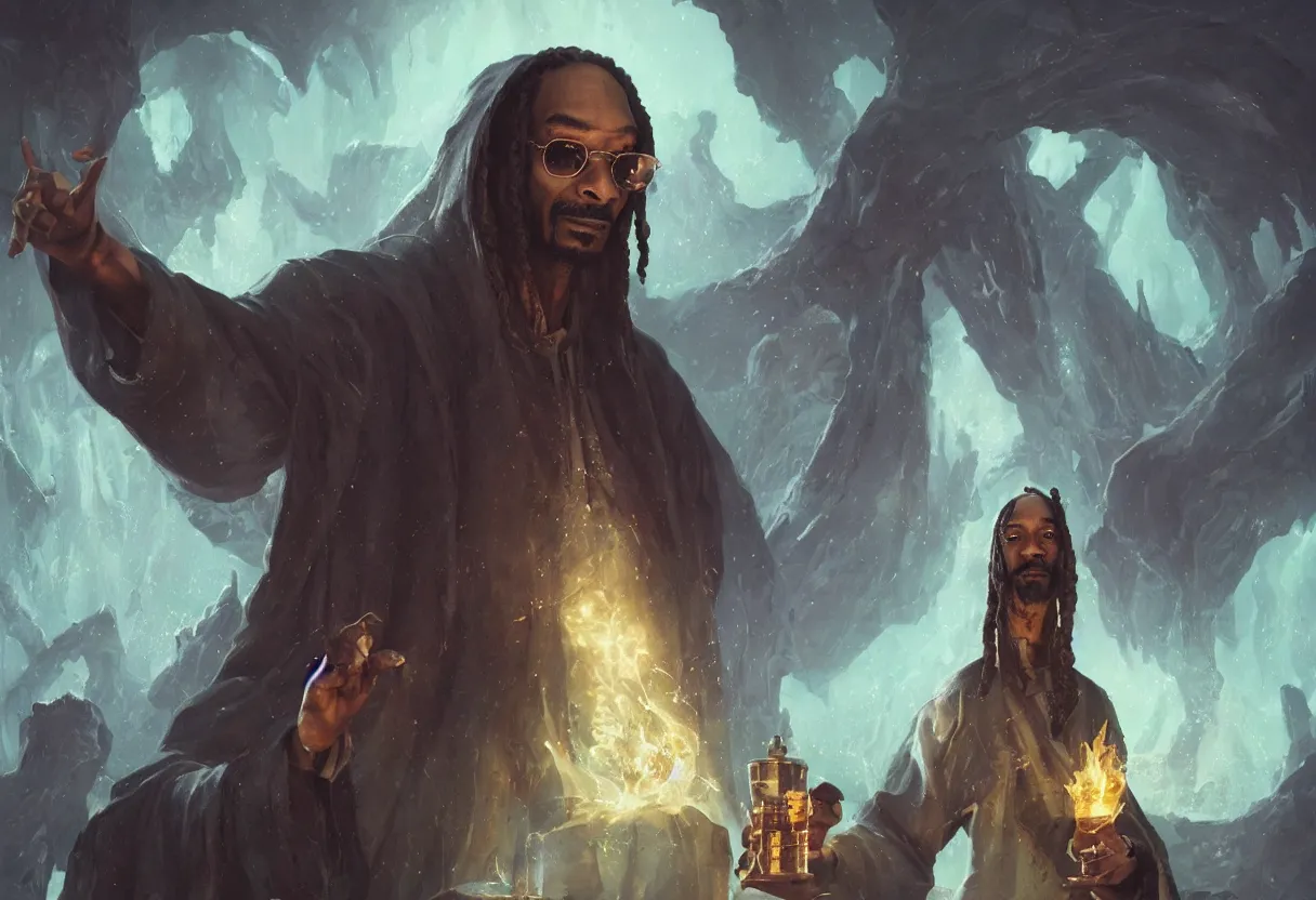 Prompt: A portrait of Snoop Dog as an alchemist, Magic the Gathering art, art by greg rutkowski, matte painting, trending on artstation