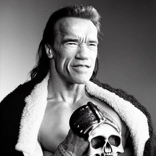 Prompt: Arnold Schwarzenegger as Hamlet holding a skull, black and white, modern style