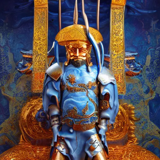 Image similar to a guardian, hussein by hieronymus engine, beautiful barbarian rays of shimmering mechanical chinese blue inexplicable cinematic, 8 k resolution, and behavior, and paint oil paint metal liquid metal sculpture