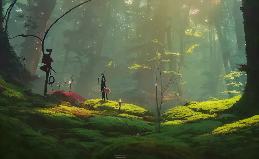 Image similar to fantasy forest with moss - covered machines, cory loftis, james gilleard, atey ghailan, makoto shinkai, goro fujita, studio ghibli, rim light, exquisite lighting, clear focus, very coherent, plain background, soft painting