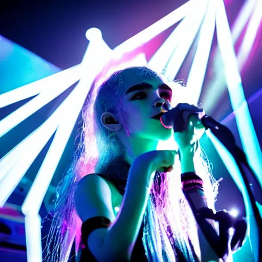 Image similar to A portrait of Grimes on stage DJing, neon lights in the background, volumetric lighting, 35mm photography