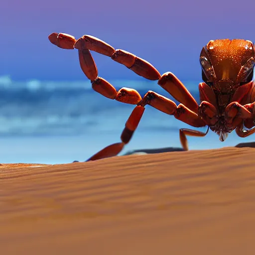 Image similar to a scorpion sitting on top of a sandy beach, a computer rendering by ed binkley, polycount contest winner, vanitas, rendered in unreal engine, # screenshotsaturday, unreal engine 5