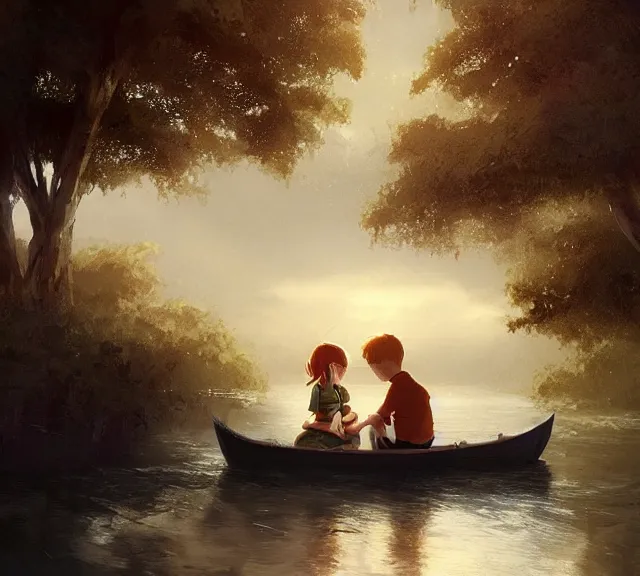 Image similar to a boy and a girl with long flowing auburn hair sitting together on the rowboat. Boy has black short hair, boy has black short hair. Atmospheric lighting, long shot, romantic, boy and girl are the focus, trees, river. details, sharp focus, illustration, by Jordan Grimmer and greg rutkowski, Trending artstation, pixiv, digital art