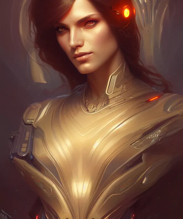 Image similar to futuristic woman portrait, sci-fi, amber eyes, face, long hair, fantasy, intricate, elegant, highly detailed, digital painting, artstation, concept art, smooth, sharp focus, illustration, art by artgerm and greg rutkowski and alphonse mucha