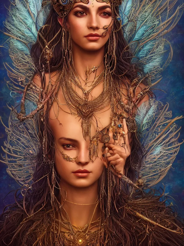 Prompt: a centered photo of a single alluring mystical tribal goddess adorned with feathers and gemstones and cables and synthesizer parts is surrounded by sacred geometry made from elven architecture, full body, gorgeous, perfect face, powerful, cinematic, beautifully lit, by artgerm, by karol bak, 3 d, trending on artstation, octane render, 8 k