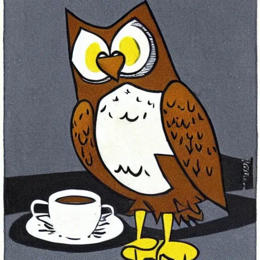 Prompt: an owl drinks coffee and looks grumpy. 1960\'s cartoon.