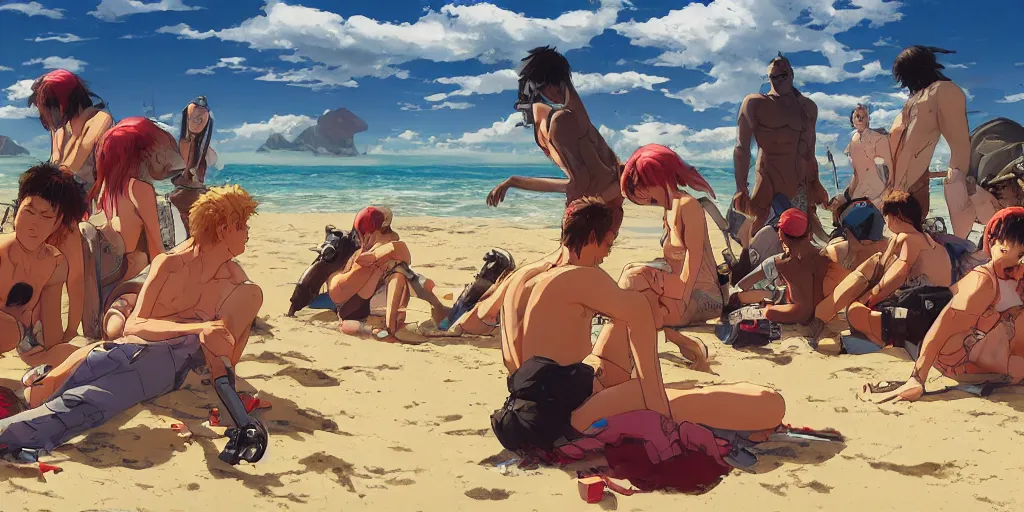 Prompt: Precisely drawn illustration of a small fantasy camp on a beach. Wide angle, Sharp, Fine Details, Anime, Manga, Cyberpunk, realistic shaded lighting, in style of Katsuhiro Otomo, Ghost in the Shell, Magali Villeneuve, Artgerm, Rutkowski, Jeremy Lipkin, Giuseppe Dangelico Pino, Michael Garmash and Rob Rey