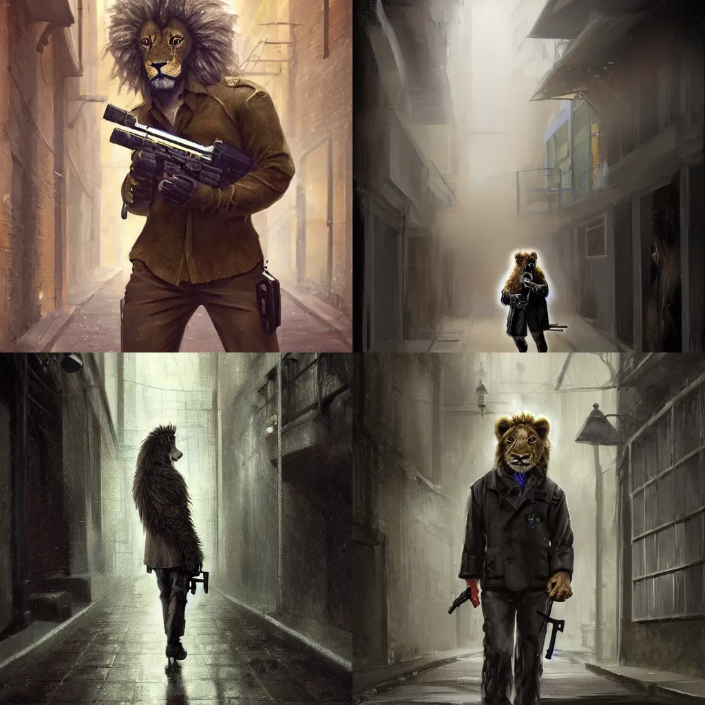 Prompt: A digital painting of a stealthy teenage lion in a dark rainy alleyway wearing formal school uniform while holding a glock in his right hand, by Stanley Artgerm Lau, frank frazetta, Rossdraws, James Jean, gerald brom, Andrei Riabovitchev, Marc Simonetti, and Sakimichan, trending on artstation, cinematic lighting, Ornate, delicate, neat, precise, detailed, opulent, lavish, elegant, ornamented, fine, elaborate, accurate, intricate, meticulous, decorative, realistic, SFW version