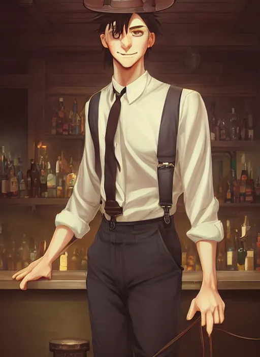 Image similar to beautiful portrait commission of a male furry anthro wolf wearing a white dress shirt with suspenders in an old-timey Saloon. Atmospheric. Character design by charlie bowater, ross tran, artgerm, and makoto shinkai, detailed, inked, western comic book art