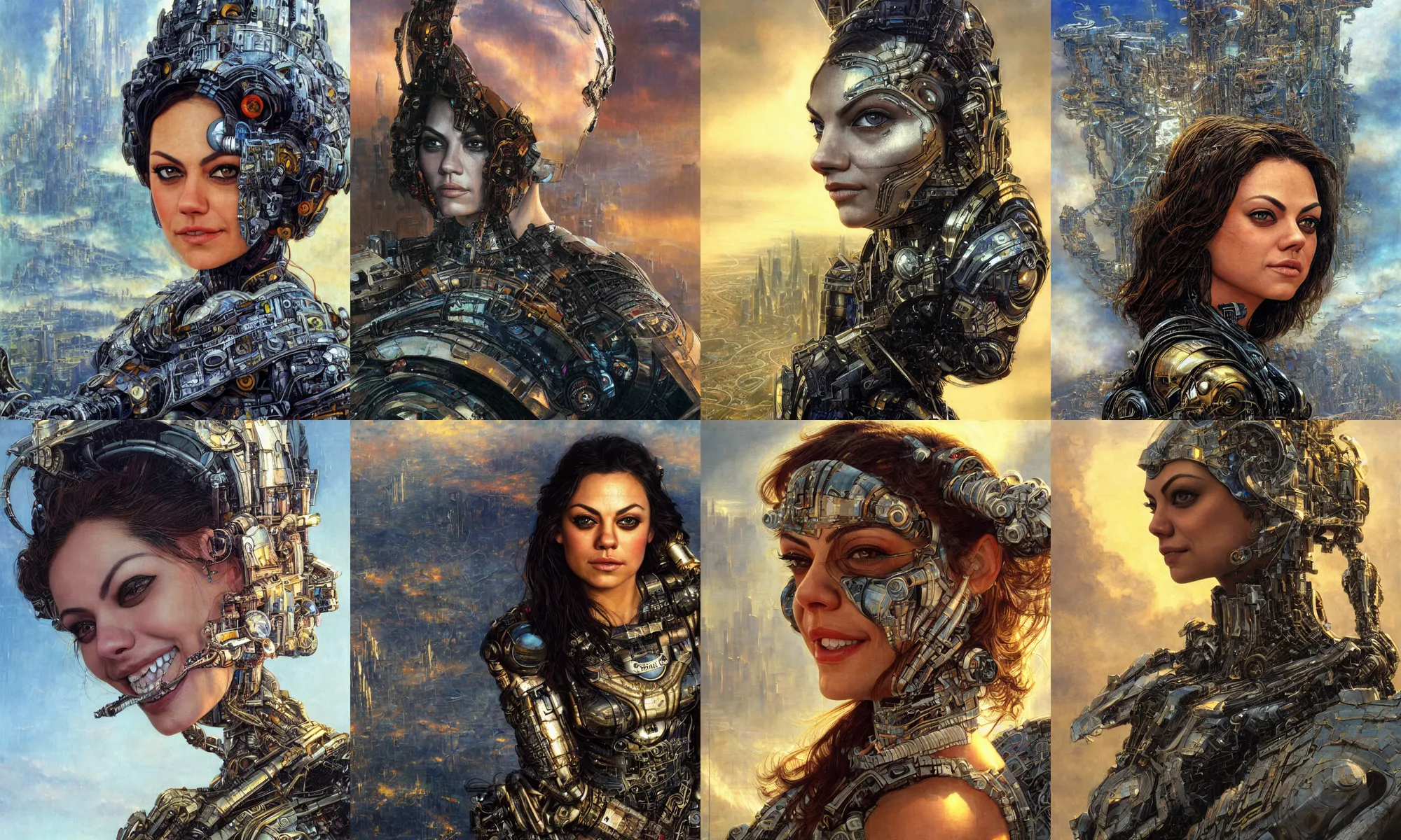 Image similar to close - up portrait of epic mila kunis smiling into camera, intricate cyborg armor, vista of futuristic city, windy, golden hour, wlop, by gerald brom, by mikhail vrubel, by peter elson, muted colors, extreme detail, trending on artstation