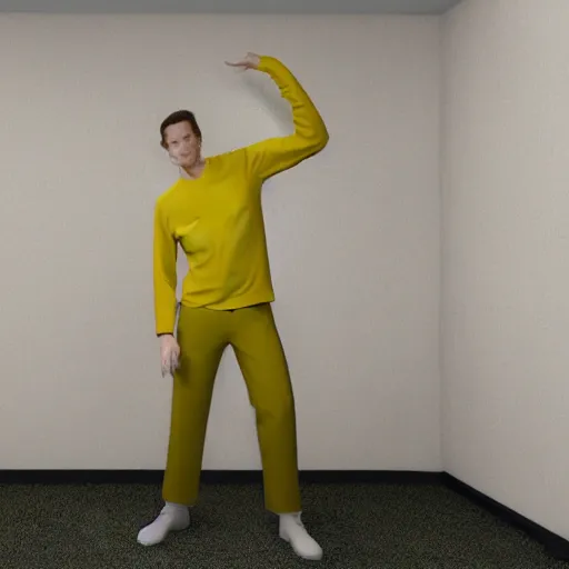 Image similar to 3 d render of jerma 9 8 5, jerma in a liminal space, non - euclidean space, office space, worn mono - yellow wallpaper, old moist carpet, inconsistently - placed fluorescent lighting, high octane, blender, 3 d render