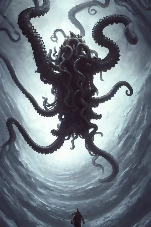 Image similar to a man losing his mind, tentacles, lovecraft, madness, lovecraftian, underworld, insanity, 8 k, digital art, magic the gathering, mtg, by greg rutkowski, trending on artstation