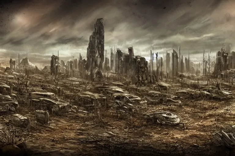 Image similar to a post apocalyptic landscape by boss ross.