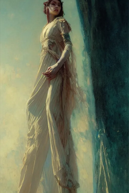 Image similar to a full body portrait of a good - lookiung girl wearing long loose gown, high detail, cleary see face, by gaston bussiere, bayard wu, greg rutkowski, odd nerdrum, maxim verehin, dan dos santos, masterpiece, sharp focus, cinematic lightning