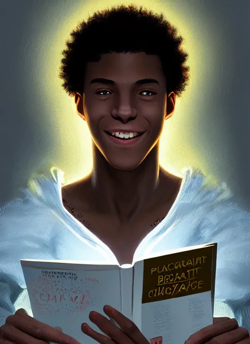 Prompt: portrait of teenage chuck clayton, black teenage boy, short curly hair, short hair square jaw, slight excited smile, reading a comic book, intricate, elegant, glowing lights, highly detailed, digital painting, artstation, concept art, smooth, sharp focus, illustration, art by wlop, mars ravelo and greg rutkowski