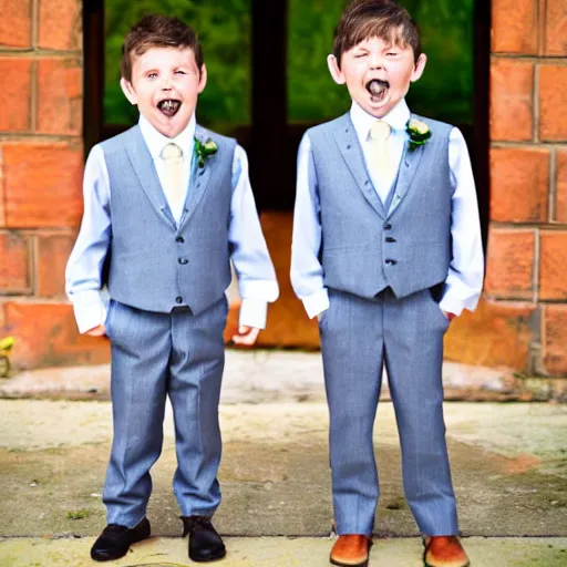 Image similar to two deformed weirdo brothers dressed for a wedding. Photograph.