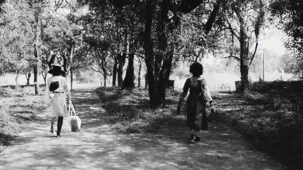 Prompt: film washi photo of a woman on a pathway carrying a white bag