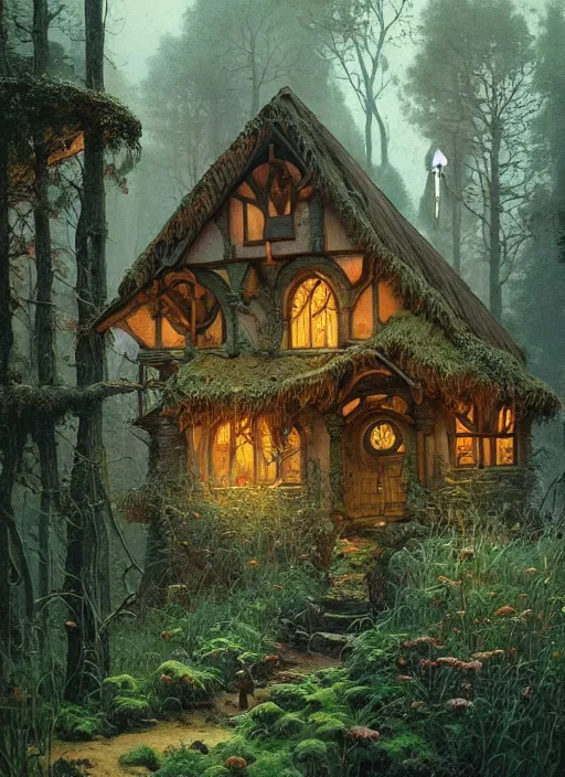 Image similar to hyper realistic homely ornate modern witch cottage far away in the woods gorgeous lighting, blue sky, highly detailed, lush forest by zdzisław beksinski and norman rockwell and greg rutkowskiweta studio, and lucasfilm