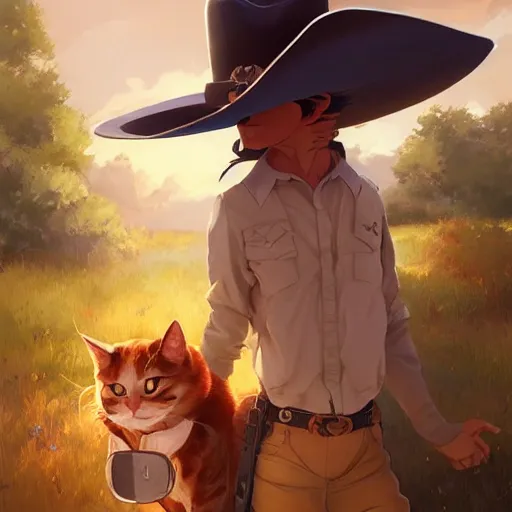 Image similar to a cowboy cat with a cowboy hat, Russian blue cat. By Makoto Shinkai, Stanley Artgerm Lau, WLOP, Rossdraws, James Jean, Andrei Riabovitchev, Marc Simonetti, krenz cushart, Sakimichan, trending on ArtStation, digital art.