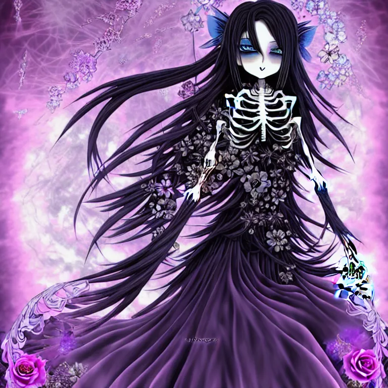 Image similar to stunning anime goddess hybrid skeleton of the floral river flowers, beautiful gothic dress in a dark romance, misty, by hironaka, harumi, in the style of gores, derek, hironaka, harumi, intricate, beautiful, artstation 8 k, high resolution sparkling atom fractals of jewls cords, by alex grey and ketner, jeremiah