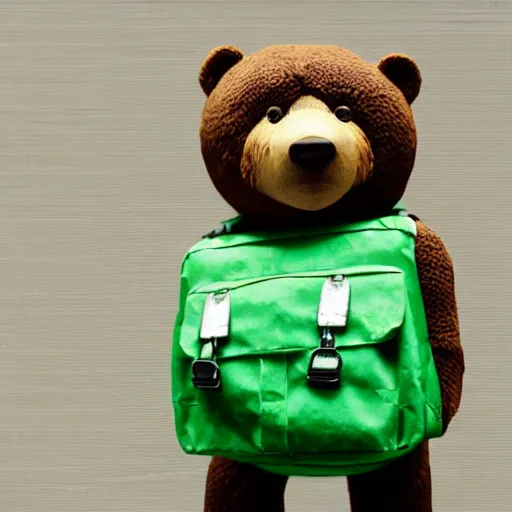 Prompt: big realistic bear standing on two legs, wearing big green bag backpack at his back, photo realistic, high detail, smooth