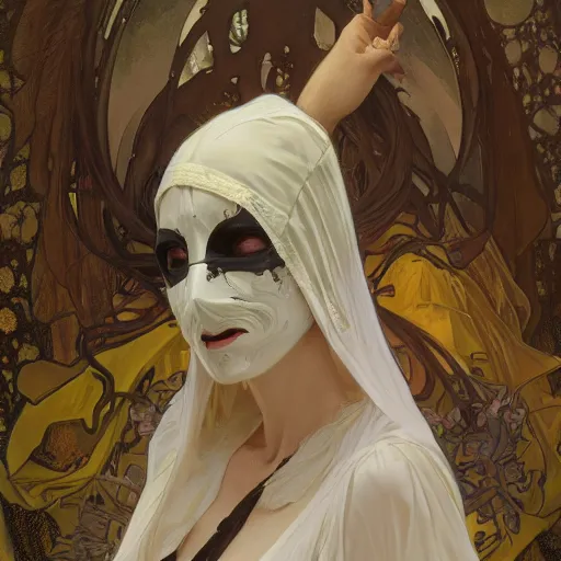 Prompt: Person in tattered old yellow wizard robes, wearing a white expressionless masquerade mask, Fantasy, 4k, alphonse mucha, Adolfo Hohenstein, Alice Russell Glenny, Stanley Artgerm Lau, greg rutkowski, detailed 4k horror artwork, trending on artstation, smooth, sharp focus