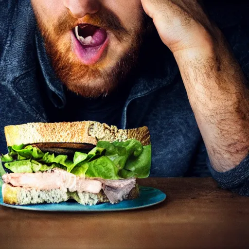 Prompt: A man eating a sandwich, close-up imagery, photorealistic, fisheye lens, trending on artstation, 4k, 8k