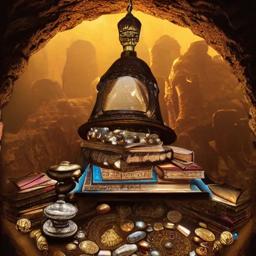 Prompt: epic vintage Photo of an ancient dark byzantine cave interior, ornate oil lamp on a pile of crystals, books covered in jewels, ornate, surrounded by strange crystals and treasure, full of sand and glitter, Indiana Jones, Tomb Raider, trending on artstation, cinematic, jewels, 35mm lens