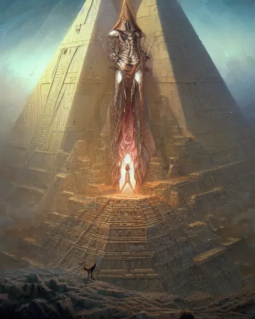 Prompt: inside a large pyramid made of pyramids and eyes fantasy character portrait, ultra realistic, wide angle, intricate details, blade runner artifacts, highly detailed by peter mohrbacher, boris vallejo, hajime sorayama aaron horkey, gaston bussiere, craig mullins